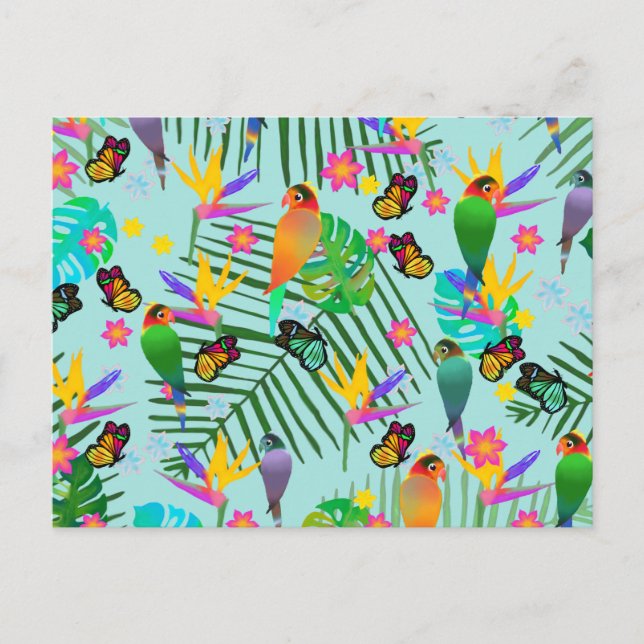 Modern Tropical Green Parrot Palm Leaf  Light Blue Postcard (Front)