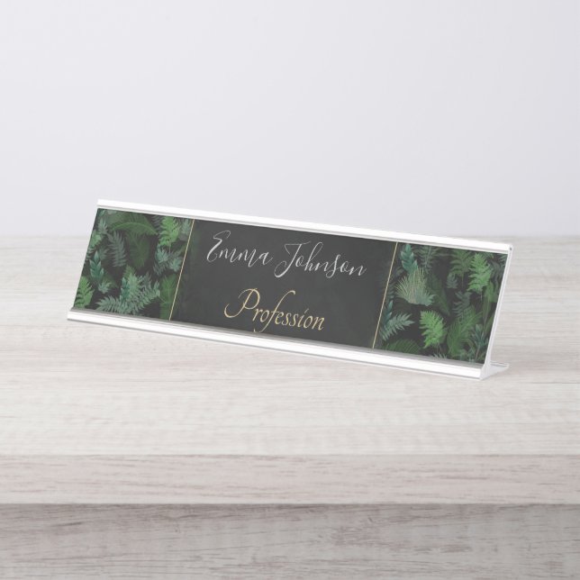 Modern Tropical Greenery Black Green Foliage  Desk Name Plate (Front)