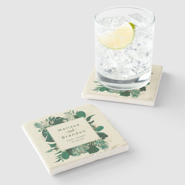Modern Tropical Greenery Dark Leafy Framed Wedding Stone Coaster (Side)