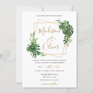 Modern Tropical Greenery Gold Geometric Wedding Invitation