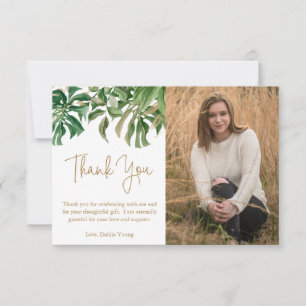 Modern Tropical Greenery Gold Photo Graduation Thank You Card