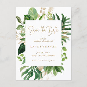 Modern Tropical Greenery Gold Save the Date Announcement Postcard