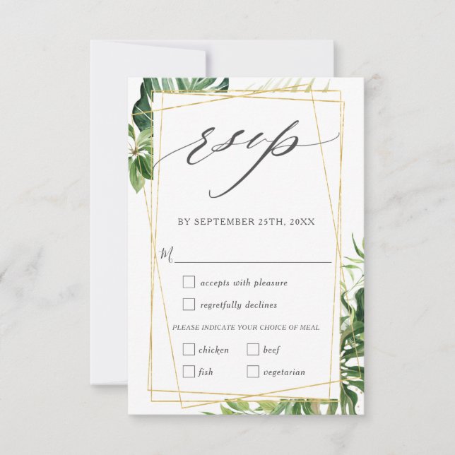 Modern Tropical Greenery Gold Wedding Meal Choice RSVP Card (Front)