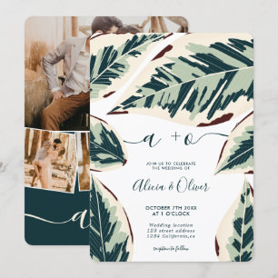 Modern tropical greenery leaf 4 photos wedding invitation