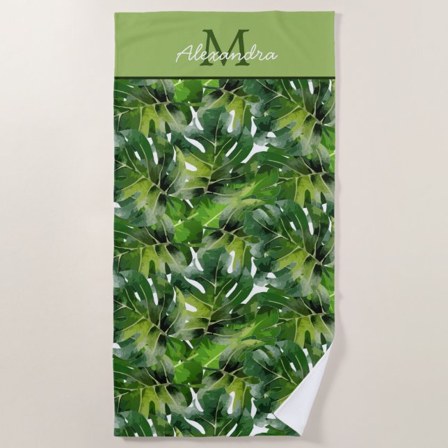 Modern Tropical greenery Leaves  Beach Towel (Front)