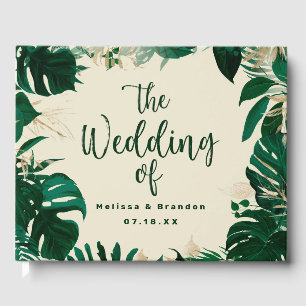 Modern Tropical Greenery Leaves with Gold Wedding Guest Book