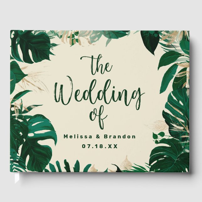 Modern Tropical Greenery Leaves with Gold Wedding Guest Book (Front)