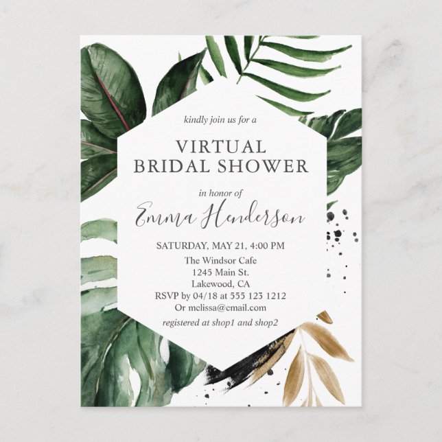Modern Tropical Greenery Virtual Bridal Shower Invitation Postcard (Front)