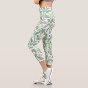 Modern Tropical Greenery White Green Foliage Capri Leggings
