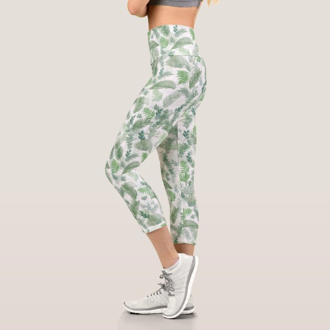 Modern Tropical Greenery White Green Foliage Capri Leggings (Left)
