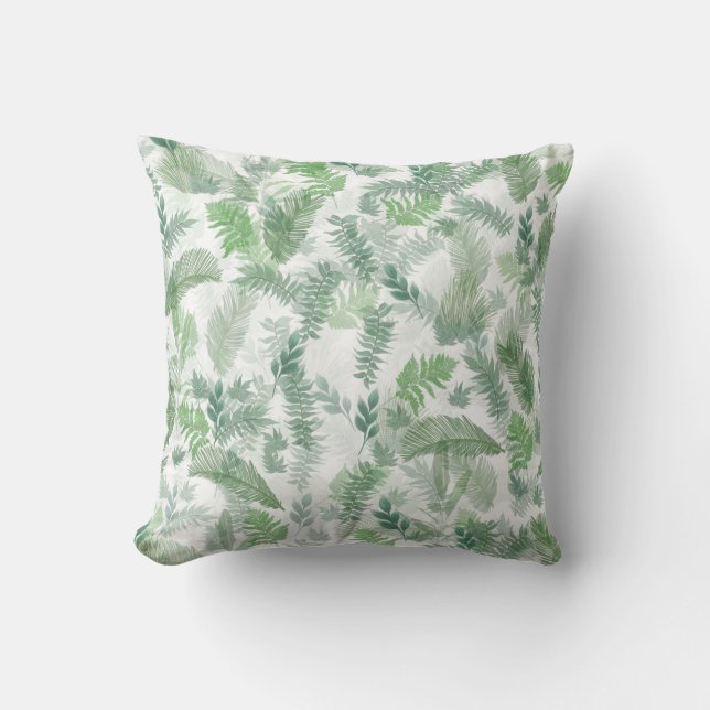 Modern Tropical Greenery White Green Foliage Cushion (Front)