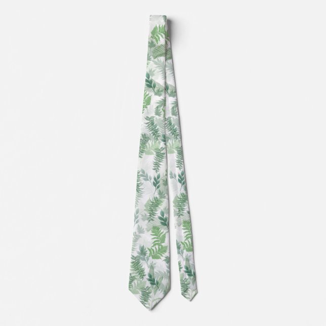 Modern Tropical Greenery White Green Foliage Tie (Front)