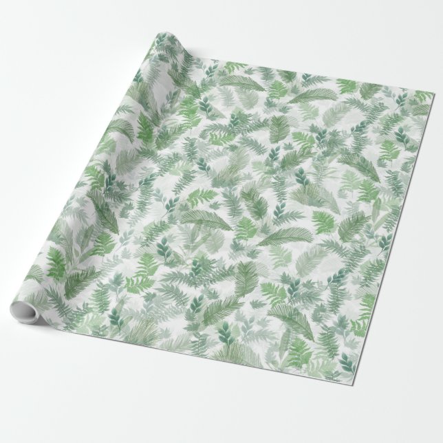 Modern Tropical Greenery White Green Foliage Wrapping Paper (Unrolled)