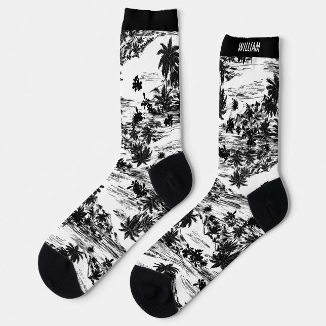 Modern Tropical Hawaiian Island Black & White Name Socks (Left)