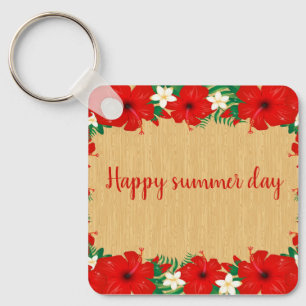 Modern Tropical, Hibiscus, Wood Texture Key Ring