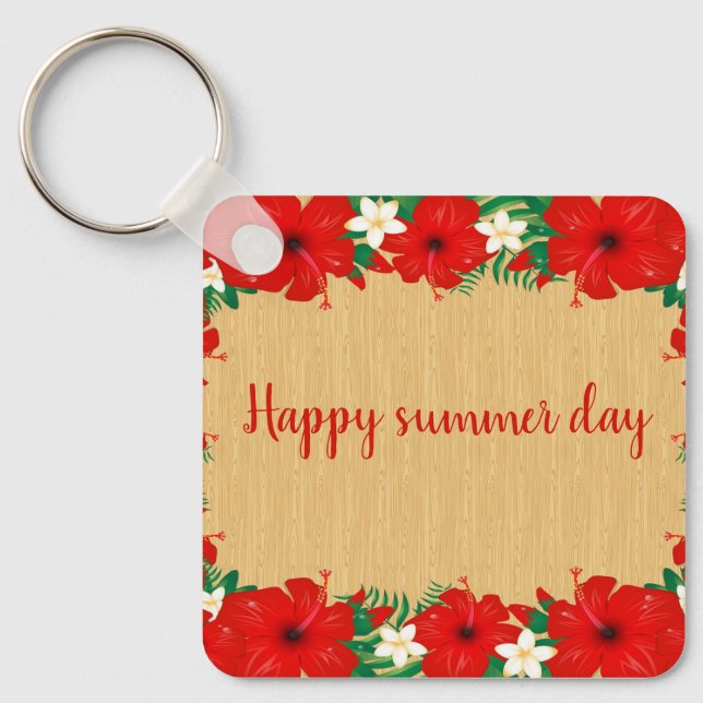 Modern Tropical, Hibiscus, Wood Texture  Key Ring (Front)