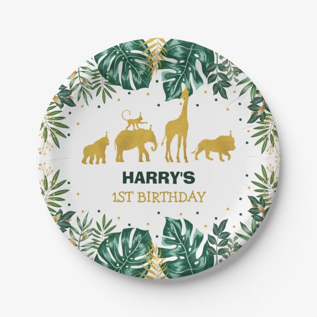 Modern Tropical Jungle Safari Wild One Birthday Paper Plate (Front)