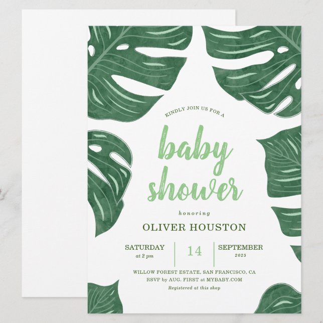 Modern Tropical leaf baby shower invitations (Front/Back)