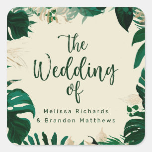 Modern Tropical Leaf Frame with Names Wedding Square Sticker