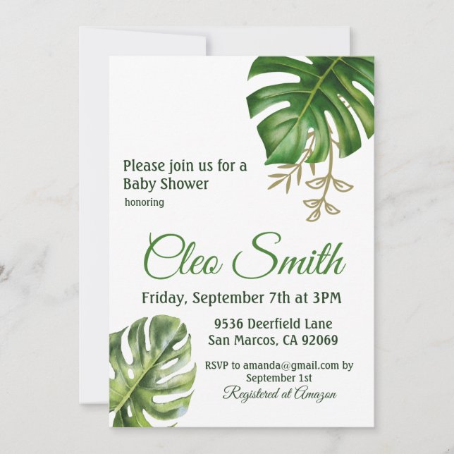 Modern Tropical Leaf Gender Neutral Baby Shower Invitation (Front)