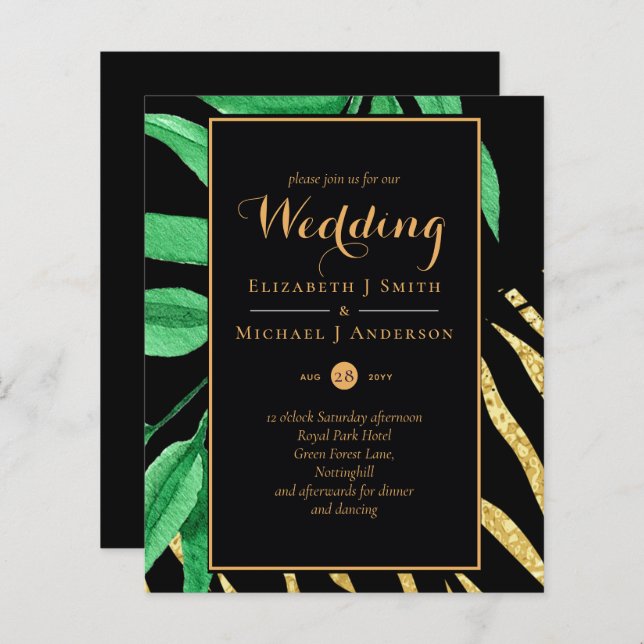 Modern Tropical Leaf Gold Black Wedding Budget (Front/Back)