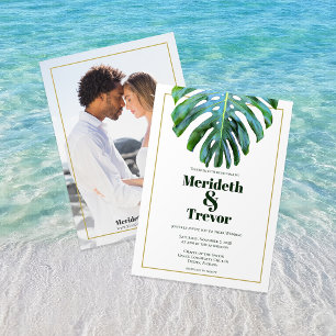 Modern Tropical Leaf Gold Photo Beach Wedding Invitation