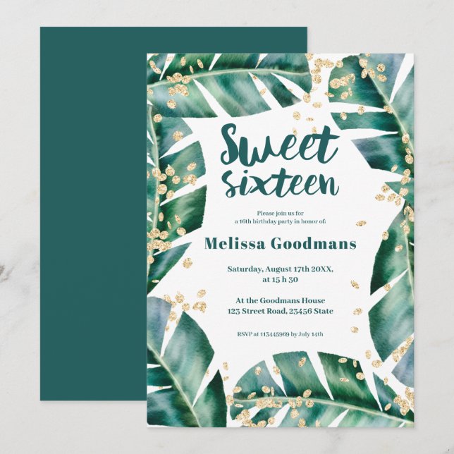 Modern tropical leaf gold watercolor Sweet 16 Invitation (Front/Back)