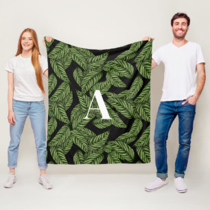 Modern Tropical Leaf Palm Plant Print Monogram Fleece Blanket