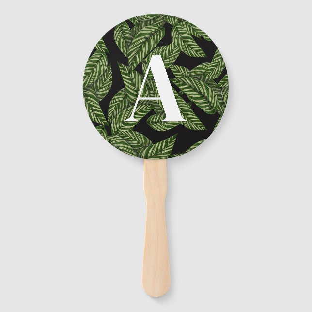 Modern Tropical Leaf Palm Plant Print Monogram  Hand Fan (Front)