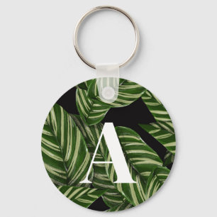 Modern Tropical Leaf Palm Plant Print Monogram  Key Ring