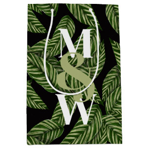 Modern Tropical Leaf Palm Plant Print Monogram Medium Gift Bag