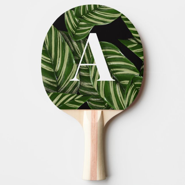 Modern Tropical Leaf Palm Plant Print Monogram  Ping Pong Paddle (Front)