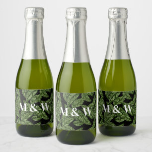Modern Tropical Leaf Palm Plant Print Monogram Sparkling Wine Label