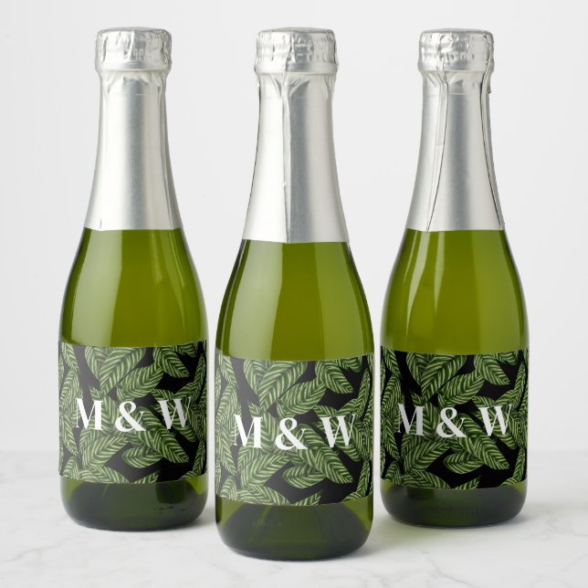 Modern Tropical Leaf Palm Plant Print Monogram  Sparkling Wine Label (Bottles)