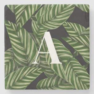 Modern Tropical Leaf Palm Plant Print Monogram  Stone Coaster