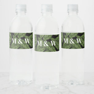 Modern Tropical Leaf Palm Plant Print Monogram Water Bottle Label