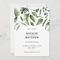 Modern tropical leaf save the date card