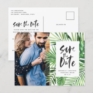 Modern tropical leaf script stylish wedding photo invitation postcard