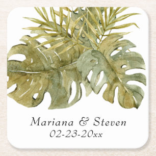 Modern Tropical Leaves Dried Palm Wedding Square Paper Coaster