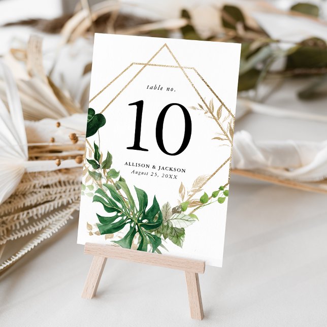 Modern Tropical Leaves Gold Frame Personalised Table Number (Creator Uploaded)