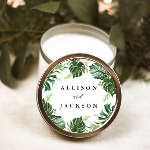 Modern Tropical Leaves Gold Personalised Wedding Classic Round Sticker