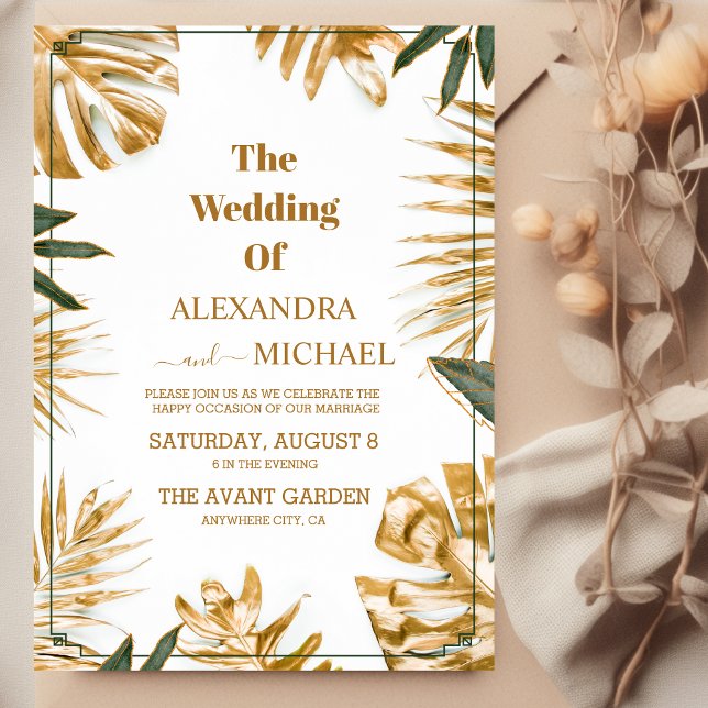 Modern Tropical Leaves Gold Wedding Invitation (Creator Uploaded)
