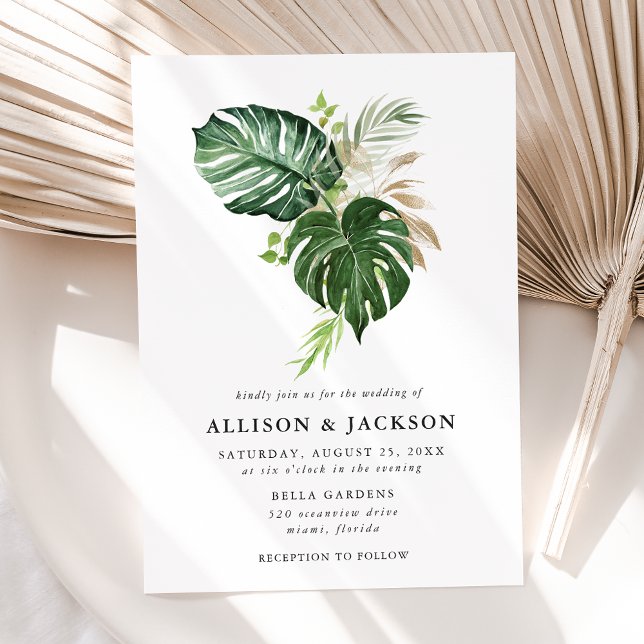 Modern Tropical Leaves Gold Wedding Invitation (Creator Uploaded)
