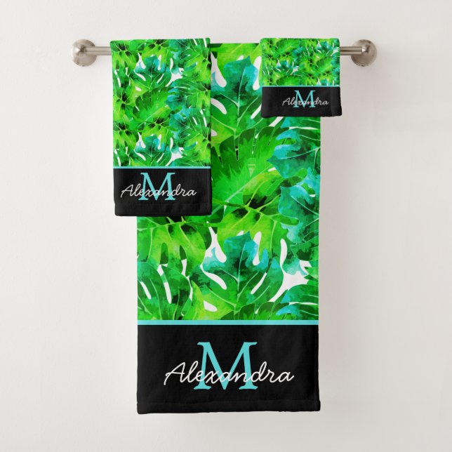 Modern Tropical Leaves Green Teal Blue Black Bath Towel Set (Insitu)