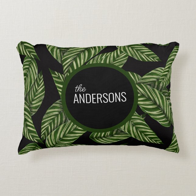 Modern Tropical Leaves Monogram Name Decorative Cushion (Front)