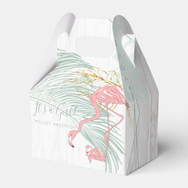 Modern Tropical Leaves Pink Flamingo Baby Shower Favour Box (Front Side)