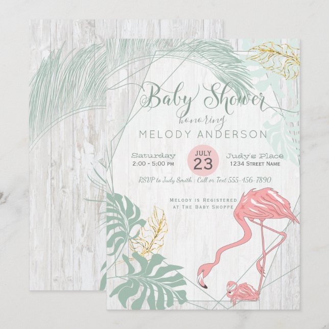 Modern Tropical Leaves Pink Flamingo Baby Shower Invitation (Front/Back)
