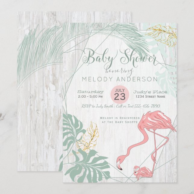 Modern Tropical Leaves Pink Flamingo Baby Shower Invitation (Front/Back)