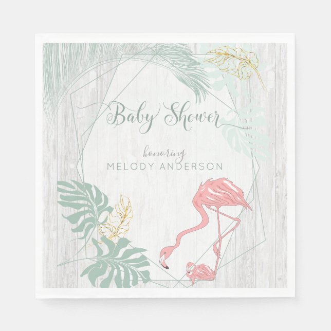 Modern Tropical Leaves Pink Flamingo Baby Shower Napkin (Front)