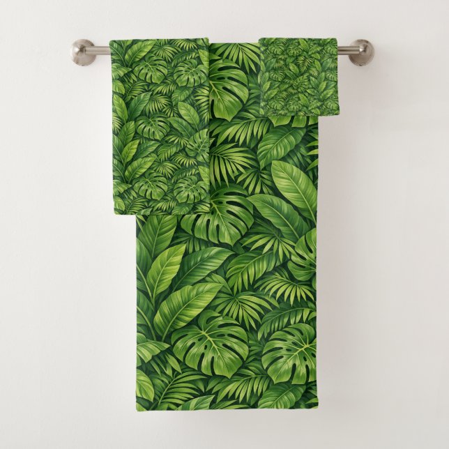 Modern Tropical Leaves Seamless Pattern Bath Towel Set (Insitu)